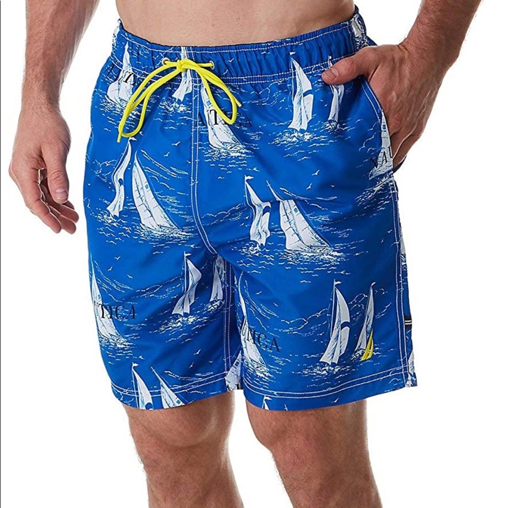 Nautica Vintage Sailboat Print Quick Dry Lined Swim Shorts Blue White Sz XXL NWT